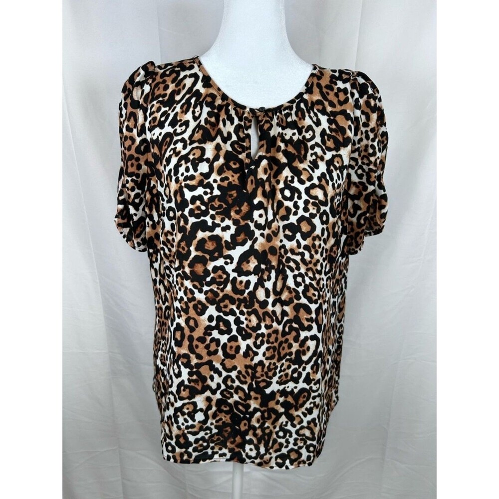 Talbots Petite Animal Print Blouse Women’s MP Puff Shoulder Keyhole Top Leopard